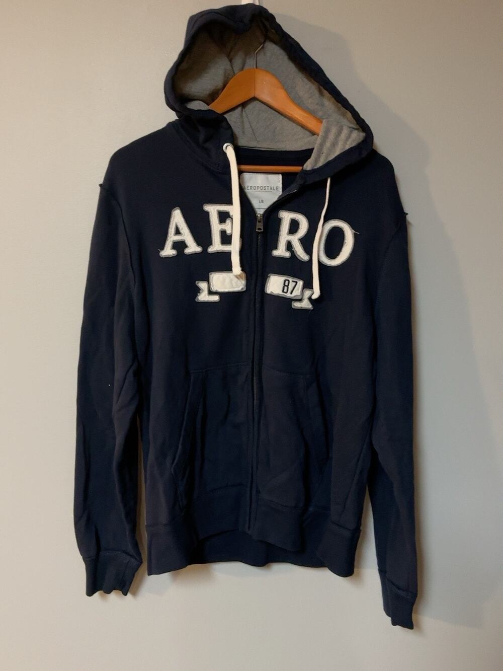 Aeropostale Mens Large Navy AERO 87 Full Zip Hoodie Applique Logo Y2K